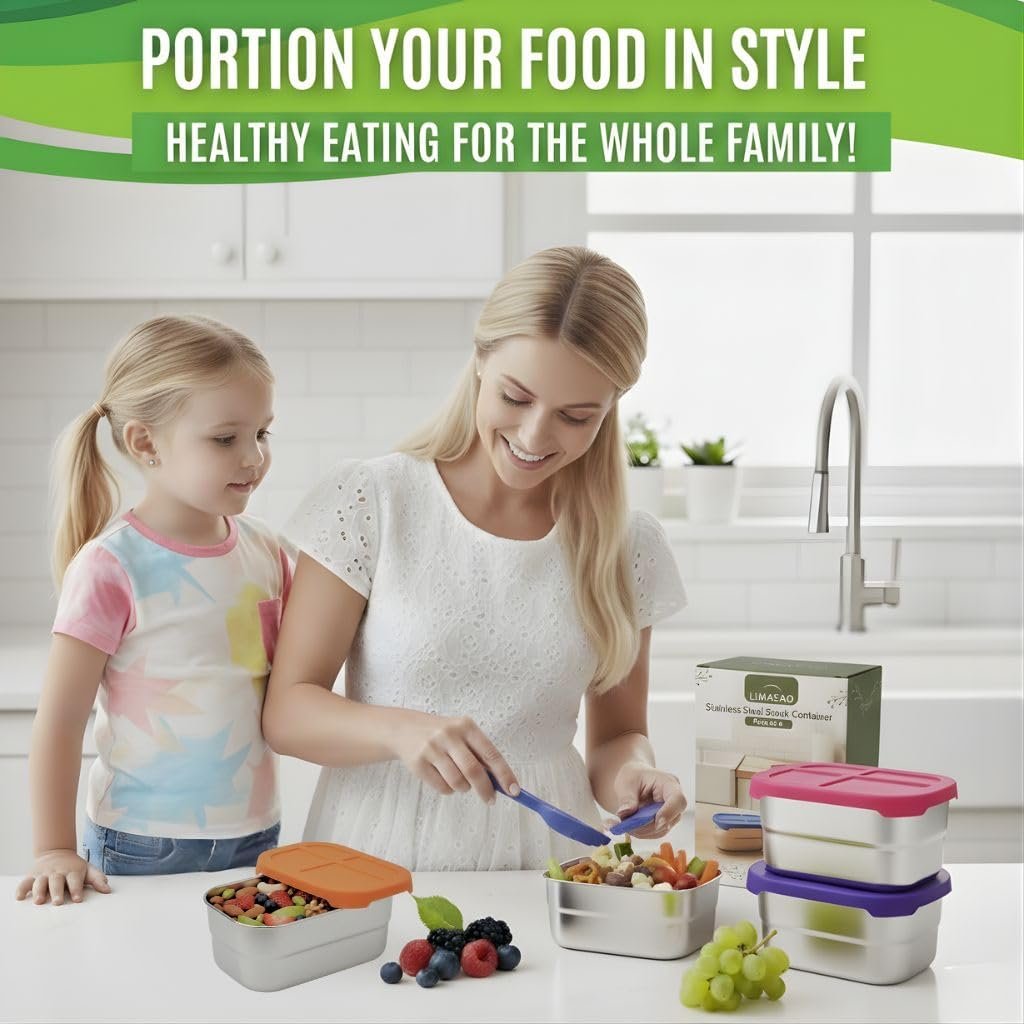 Family portioning snacks into stainless steel containers