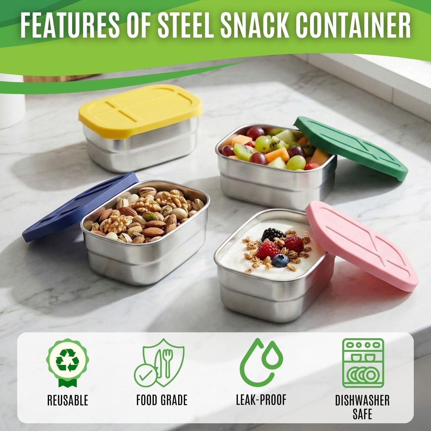 Containers with fruit, nuts and yogurt