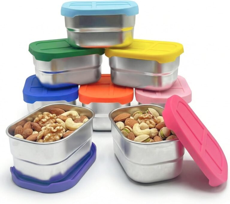 Set of eight stainless steel snack containers with colourful silicone lids
